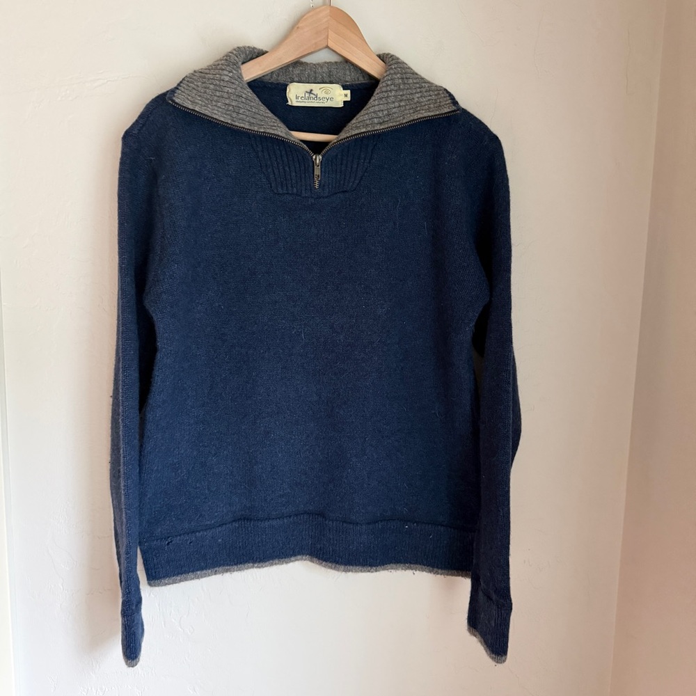 Irelandseye Men's Navy Blue‎ 100& Irish Wool Knitted 1/4 Zip-Up Sweater Size M